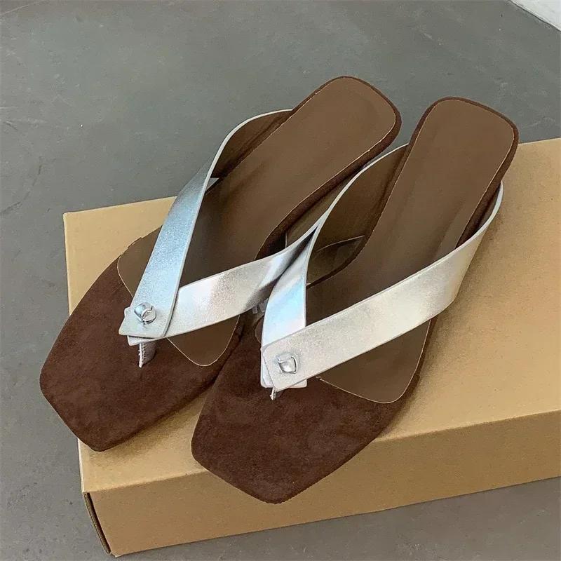 

Fashion High Quality Faux Suede Clip Toe Flip Flops Women Summer Fashion Square Toe Wedge Slide Sandal Comfort Brand Designer Beach Shoe 39 серебряный