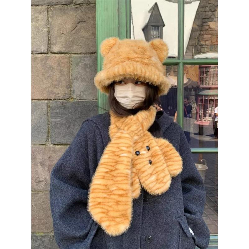 

Милая панама с ушками медведя с тигровым узором, зимняя плюшевая женская теплая шапка-шарф мультяшного дизайна, комплект из двух предметов