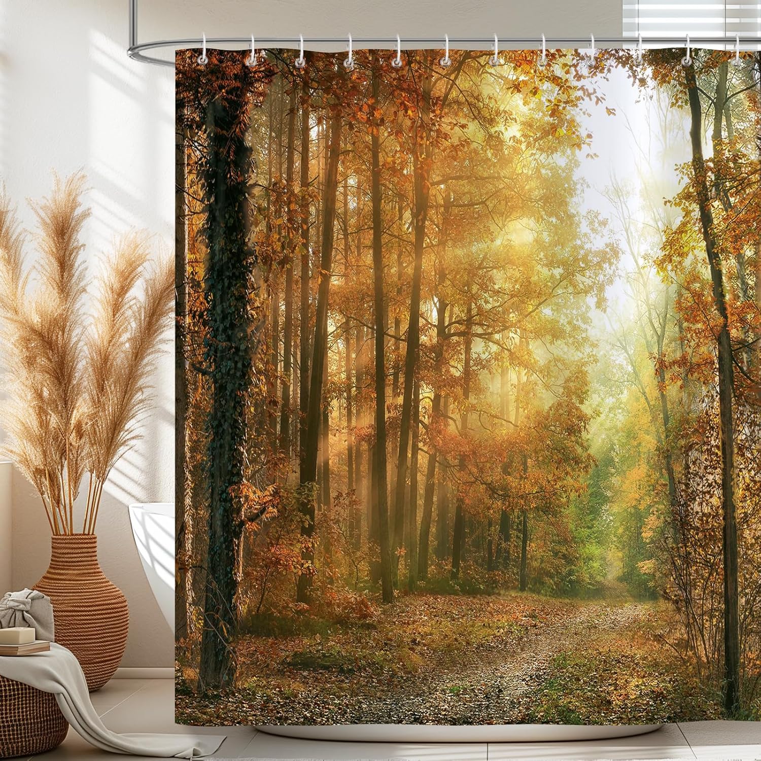 

Forest Autumn Sun Shower Curtain Natural Landscape Waterproof Washable Polyester Shower Curtain 180 X 180Cm With 12 Hooks W60H190(CM)-1 Pcs