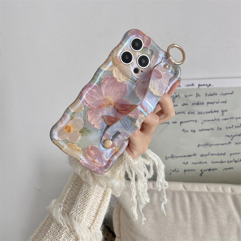 Blue Floral Oil Painting Phone Case with Wrist Strap for iPhone 15 Pro Max and Apple 14 Pro