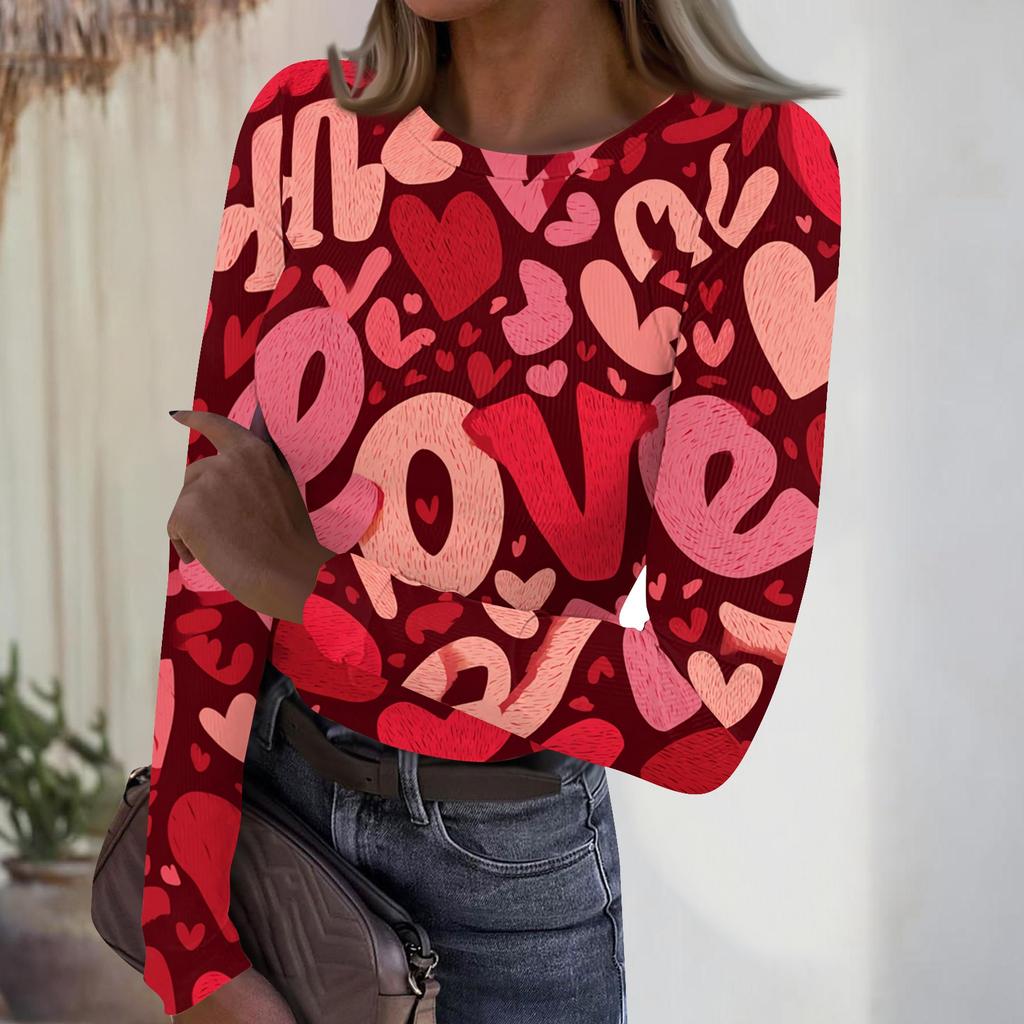 Women's Casual And Fashionable Round-neck Long-sleeved Ribbed Top With Valentine's Day Print.