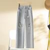 Spring 2025 Women's High Waist Ripped Beaded Jeans, Loose Straight-Leg Petite Fit