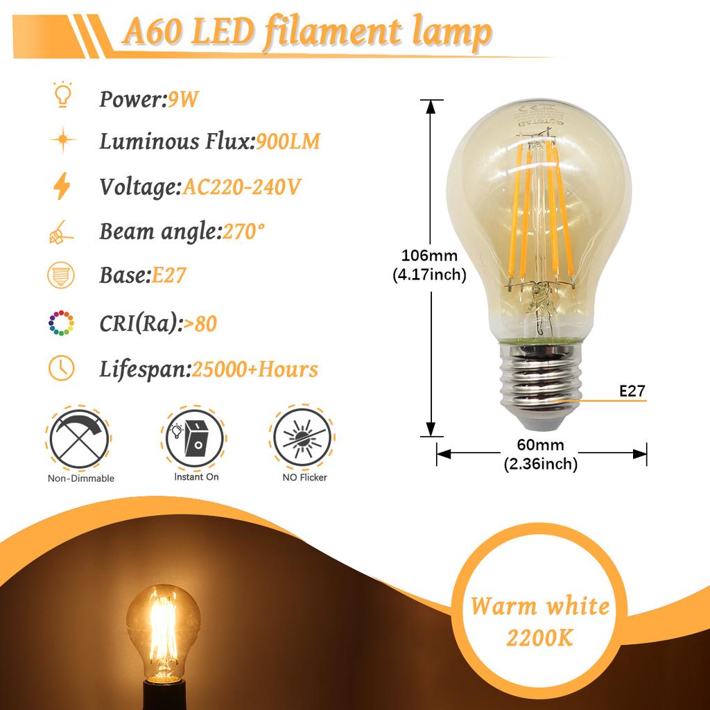 6PCS LED Filament Light Bulb Retro Edison E27 E14 B22 4000K 2700K 220V A60 G45 C37 Vintage Ampoule Incandescent Bulb Edison Lamp