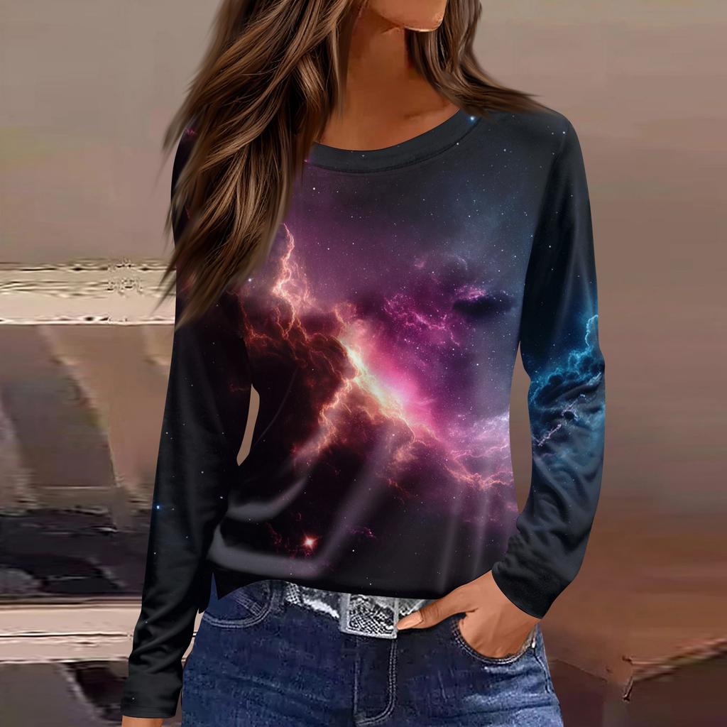 Women's Fashion Casual Slit Hem Round Neck Long Sleeve Loose Printed T-Shirt Ladies Top