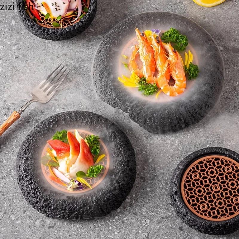 Meteorite Textured Cement Dining Plate Barbecue Plate Dry Ice Plate Sashimi Plates Sushi Dish Dessert Dish Specialty Tableware