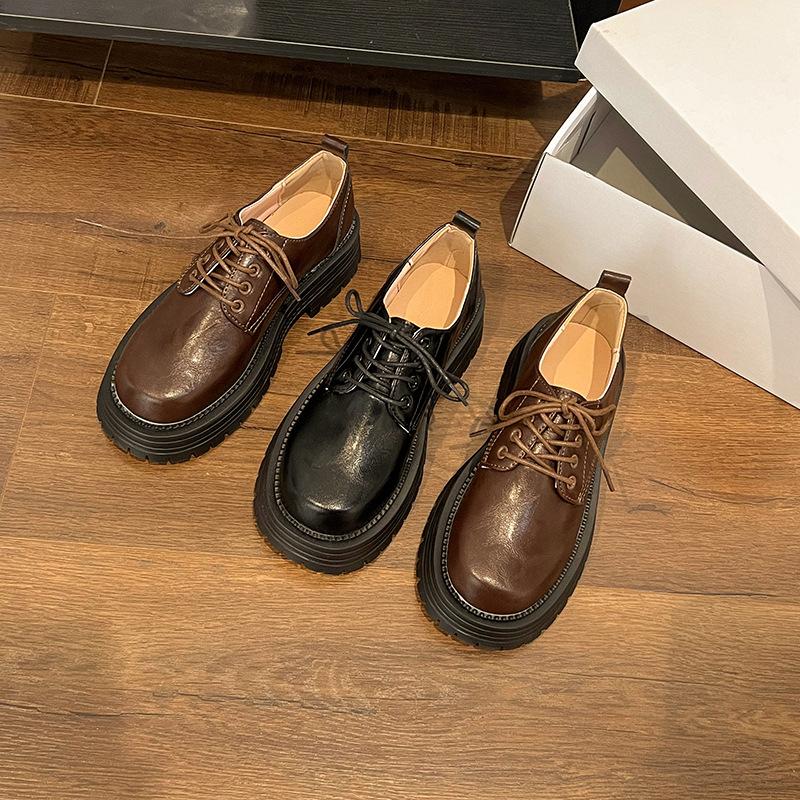 British style platform thick heel single shoes women's retro imitation leather fashion versatile lace-up round head jk small leather shoes