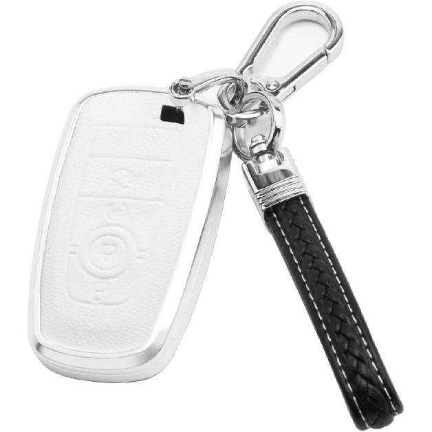 

Ford Car Key Fob Cover,Compatible with Ford F-150 F-250 F-350 Ecosport Edge Explorer Fusion Mustang (Metal Leather 4 buttons white)