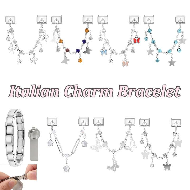 Star Butterfly Heart Zircon Round Pearls Tassel Chain Italian Charm Links Fit 9mm Bracelet Stainless Steel Women DIY Making Gift