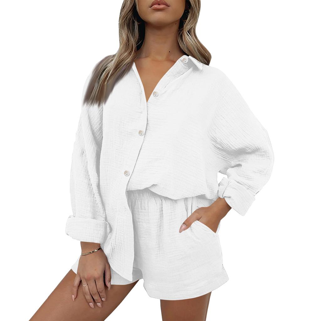 Women's Casual Color Long Sleeved Shorts Set, Crepe Home Set
