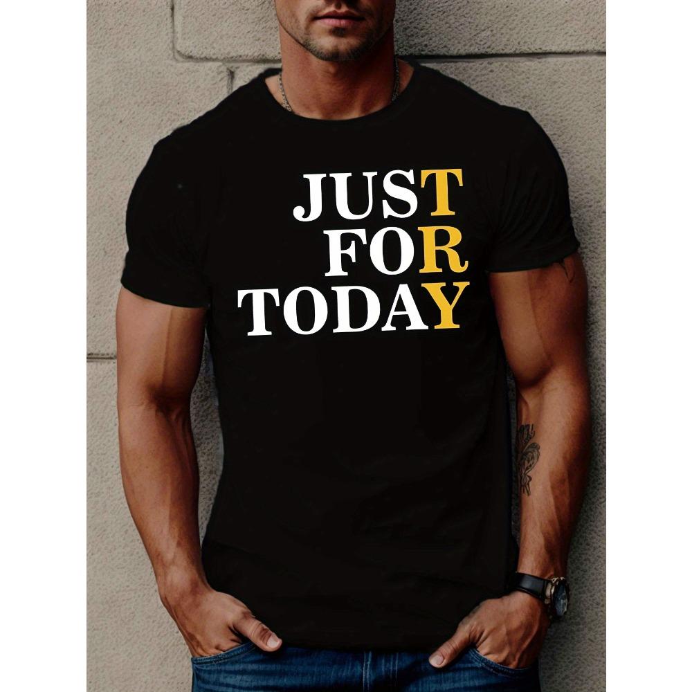 

European sizes Men S Casual Crew Neck T-Shirt, Slight Stretch, Geometric Pattern, Regular Fit, Summer Short Sleeve Top - Just For Today Graphic Tee 4XL чорний