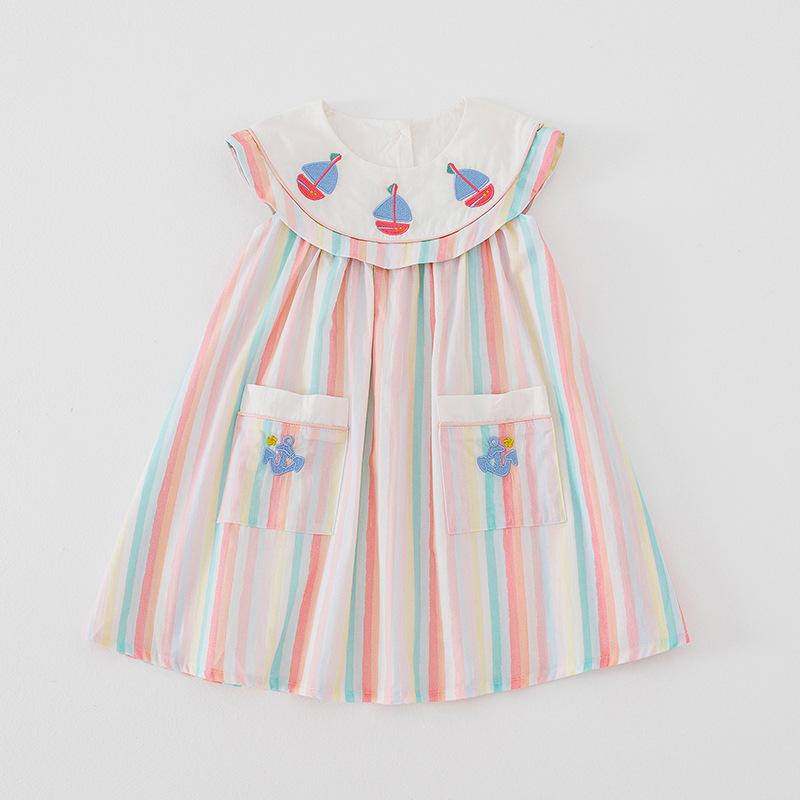 Girls Summer Navy Sleeveless Dress Colorful Striped Sailboat Embroidery Baby Dress 100cm