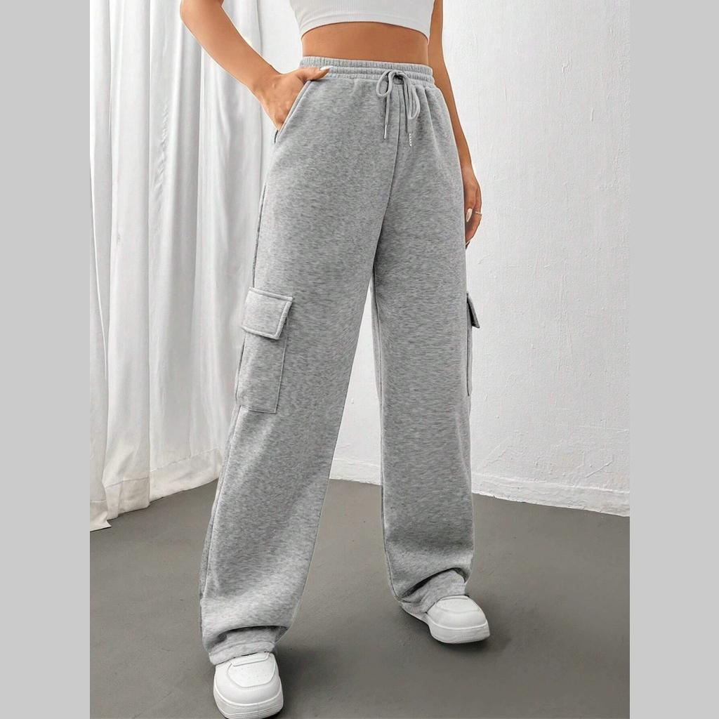 Women's Lace-up Elastic Waist Trousers, Fashion Solid Color Straight Wide-leg Sweatpants