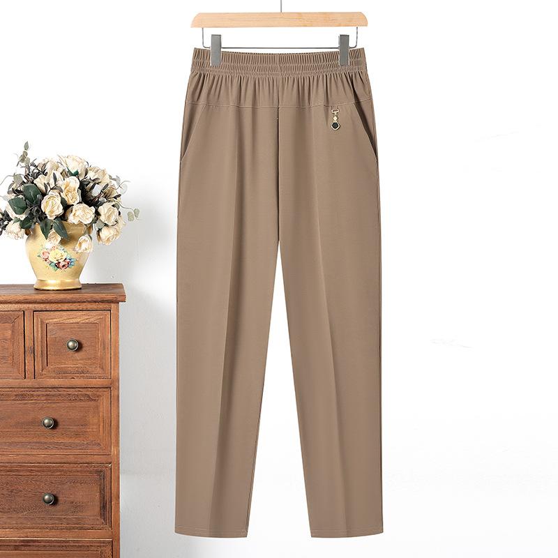 Middle Aged and Elderly Women's Summer Thin Pants Mom's Pants Plus Size Straight Leg Pants Grandma's Ice Silk Cropped Pants