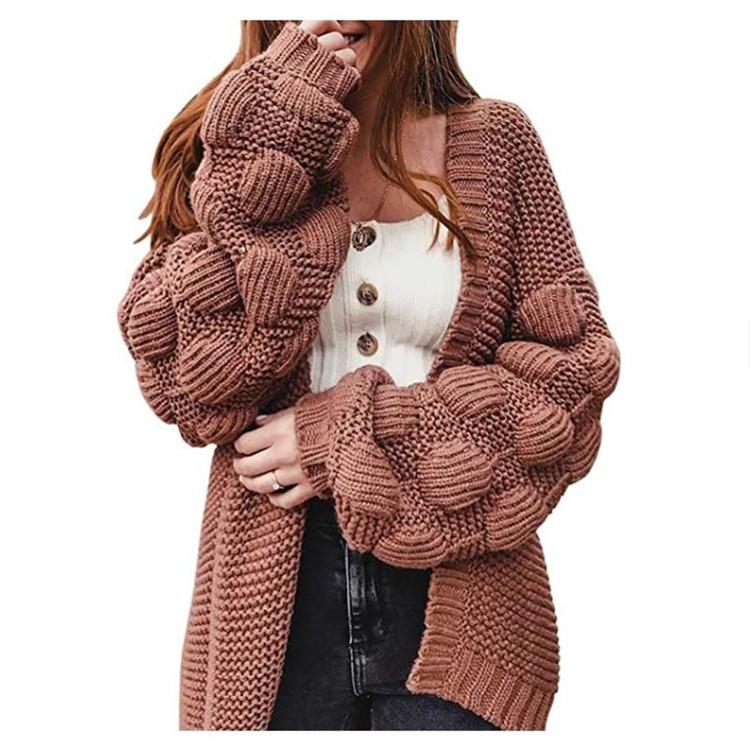 Women's Cardigan Knit Sweater Autumn and Winter Long Cute Ball Loose Thick Coat