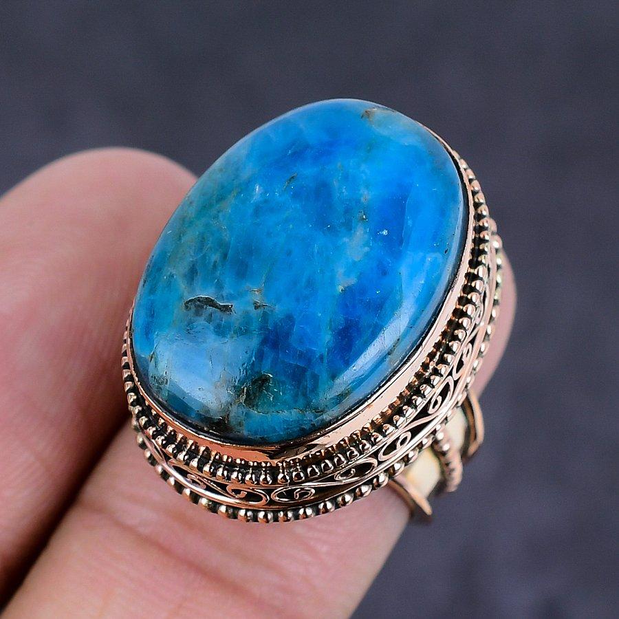 Neon Blue Apatite Gemstone Copper Jewelry Ring Size 7 R6S06