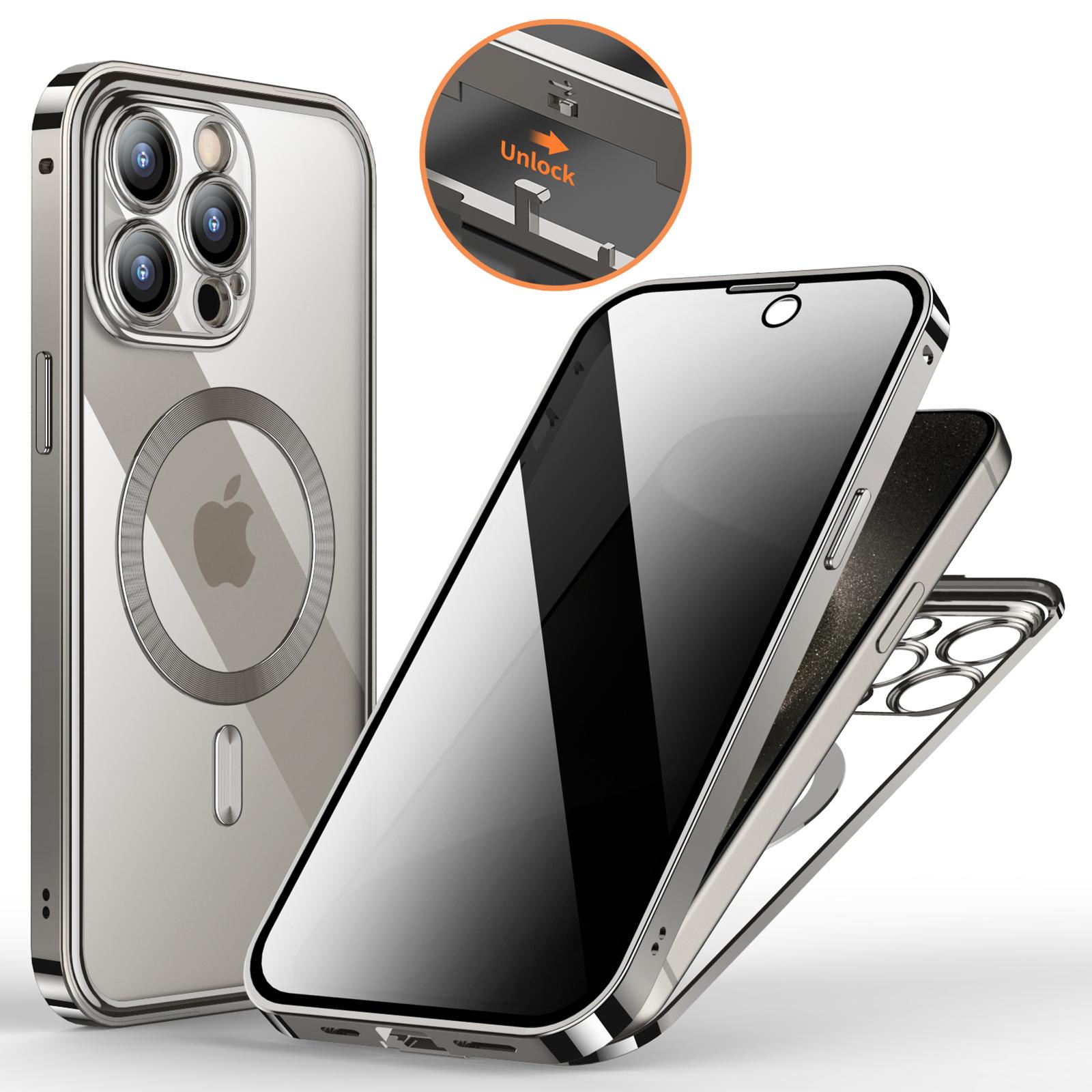 

For iPhone 15 Pro Magnetic Case Anti Peep Screen Tempered Glass+PC Phone Cover Double Sided Natural