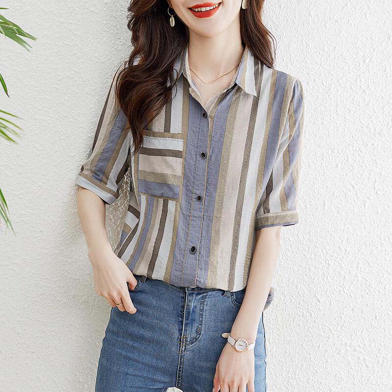 Women's Retro Striped Short-Sleeve Lapel Shirt