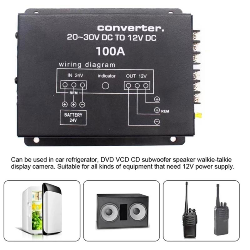 60A/80A/100A Truck Voltage Step Down Converter Power Supply Adapter 24V To 12V With Overload Protection For Radio System