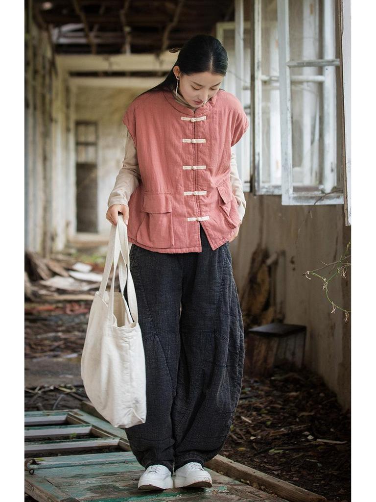 Women's Winter Quilted Cotton Vest with Frog Button - Chinese Style