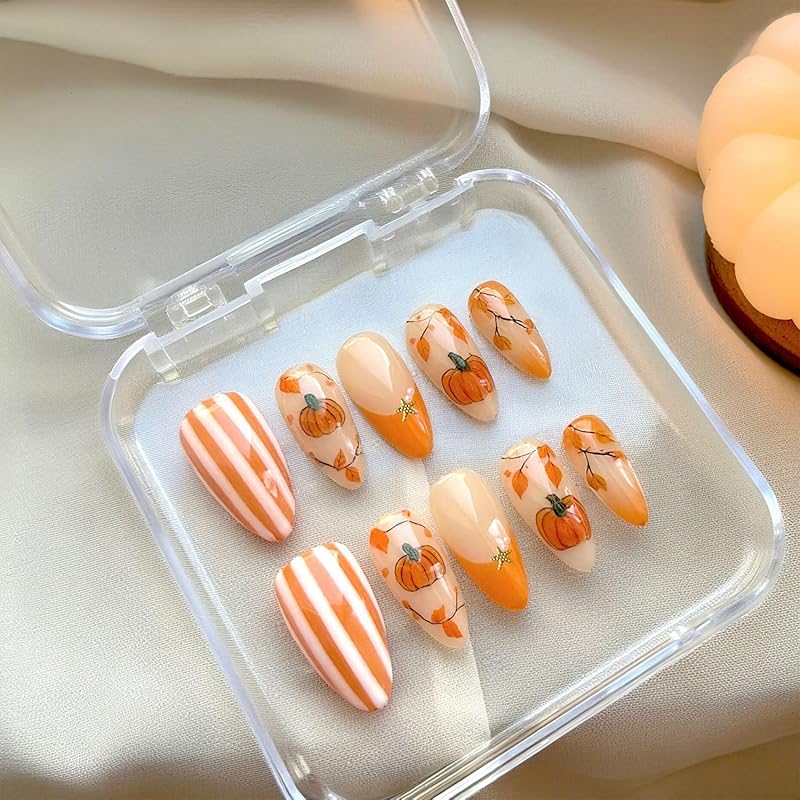 24Pcs Fall Press On Nails Medium Almond Fake Nails Glossy Glitter Maple Leaf False Nails Full Cover Thanksgiving Glue On Nails Reusable Acrylic