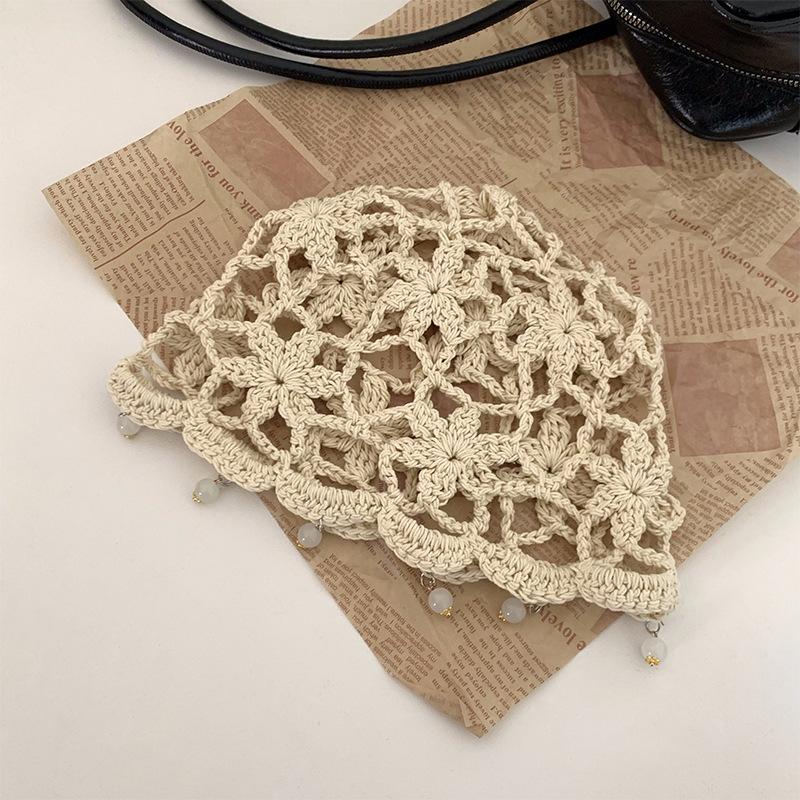 Women's Spring and Summer New Hand Woven Hollowed Head Hat Breathable Hook Flower Pearl Pendant Small Pull Head Hat