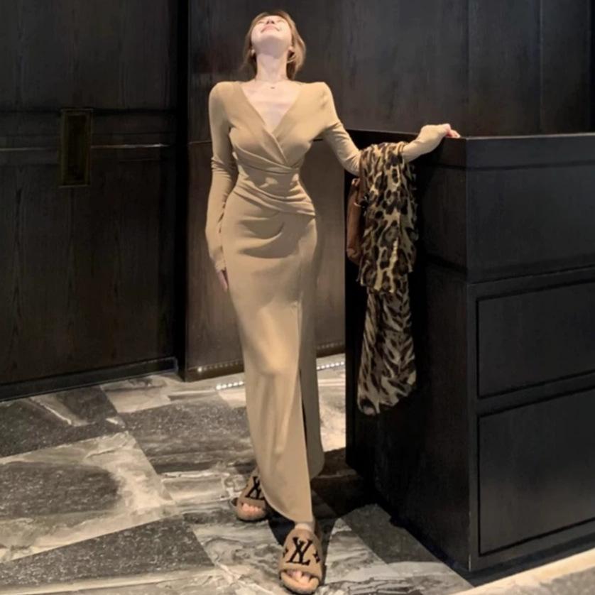 Sexy solid color cross v-neck long-sleeved dress temperament women's autumn and winter slim-fitting tight waist-wrapped hip-wrapped split-ended long d