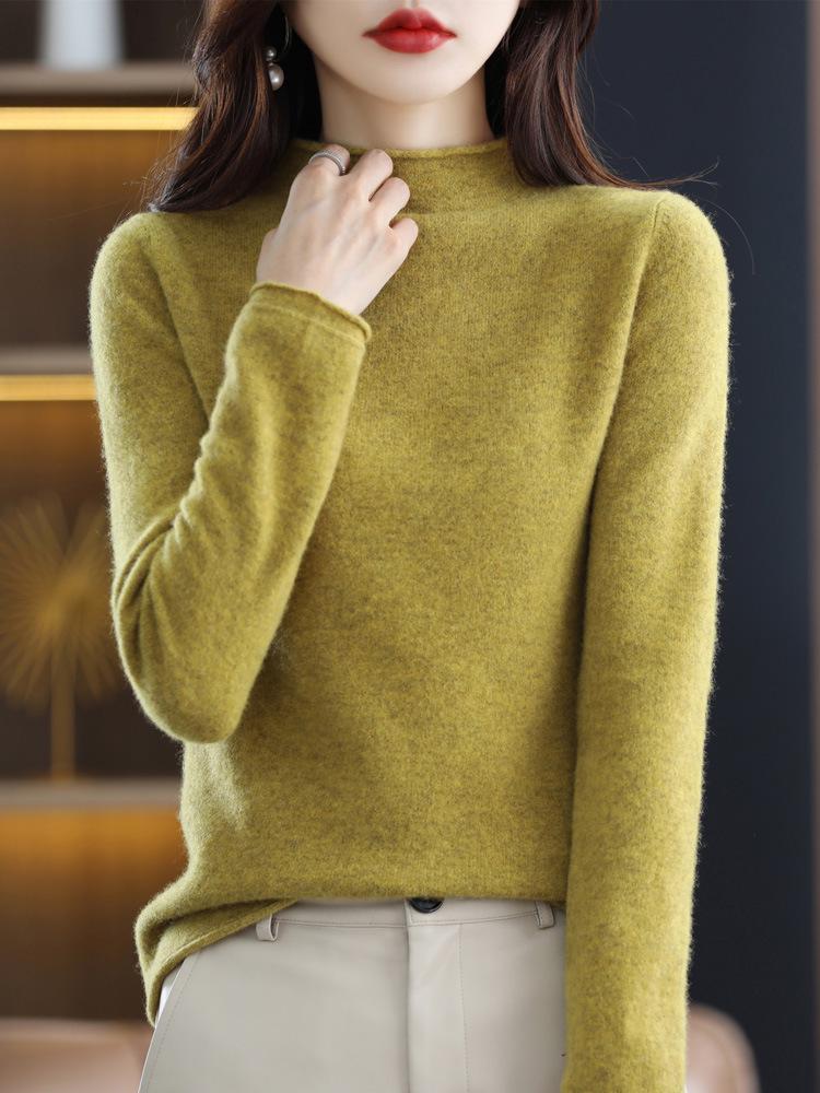 Women's Rolled Hem Half-High Neck 100% Wool Sweater - Stylish Autumn/Winter Base Layer