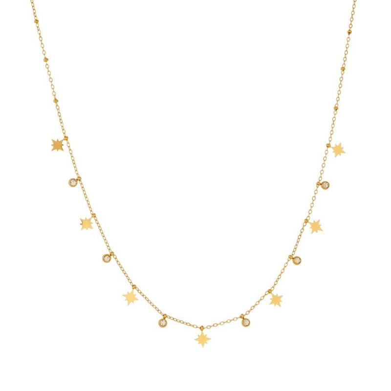 Gold Plated Multi Star Charm Beaded Necklace, Dainty Sunburst Star Pendant Link Chain with CZ Charms, Boho Jewelry for Women Gift
