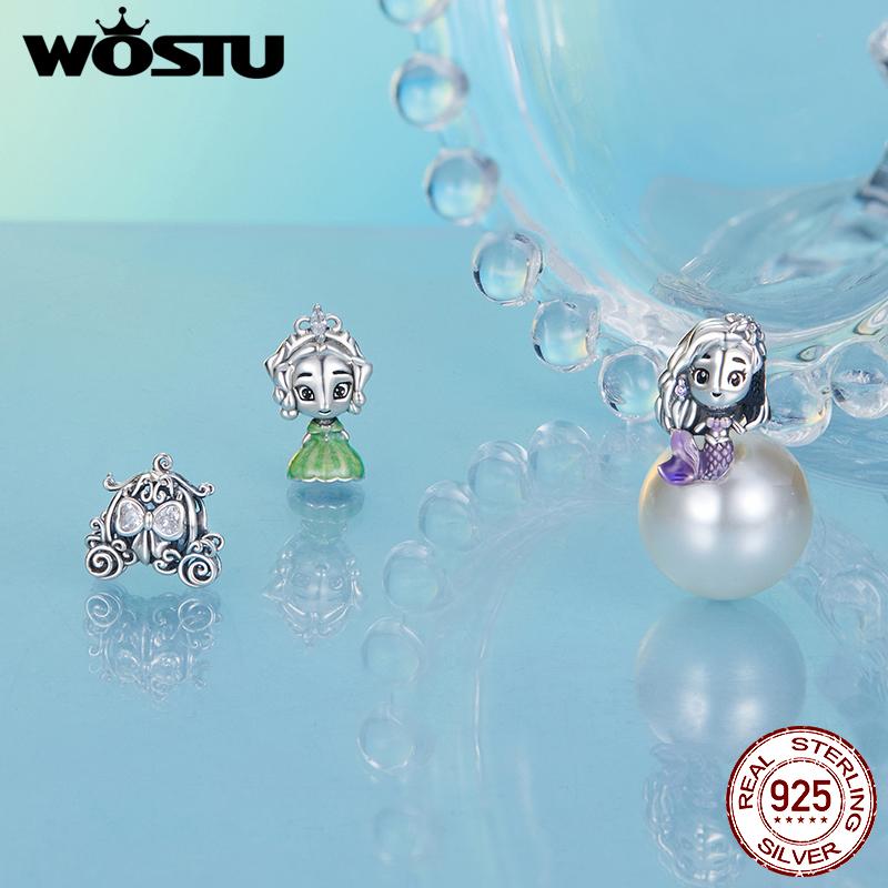 WOSTU 925 Silver Orignal Princess Charms Pendant Cartoon Girl Bead Fit Bracelet Necklace For Girl DIY Birthday Gift