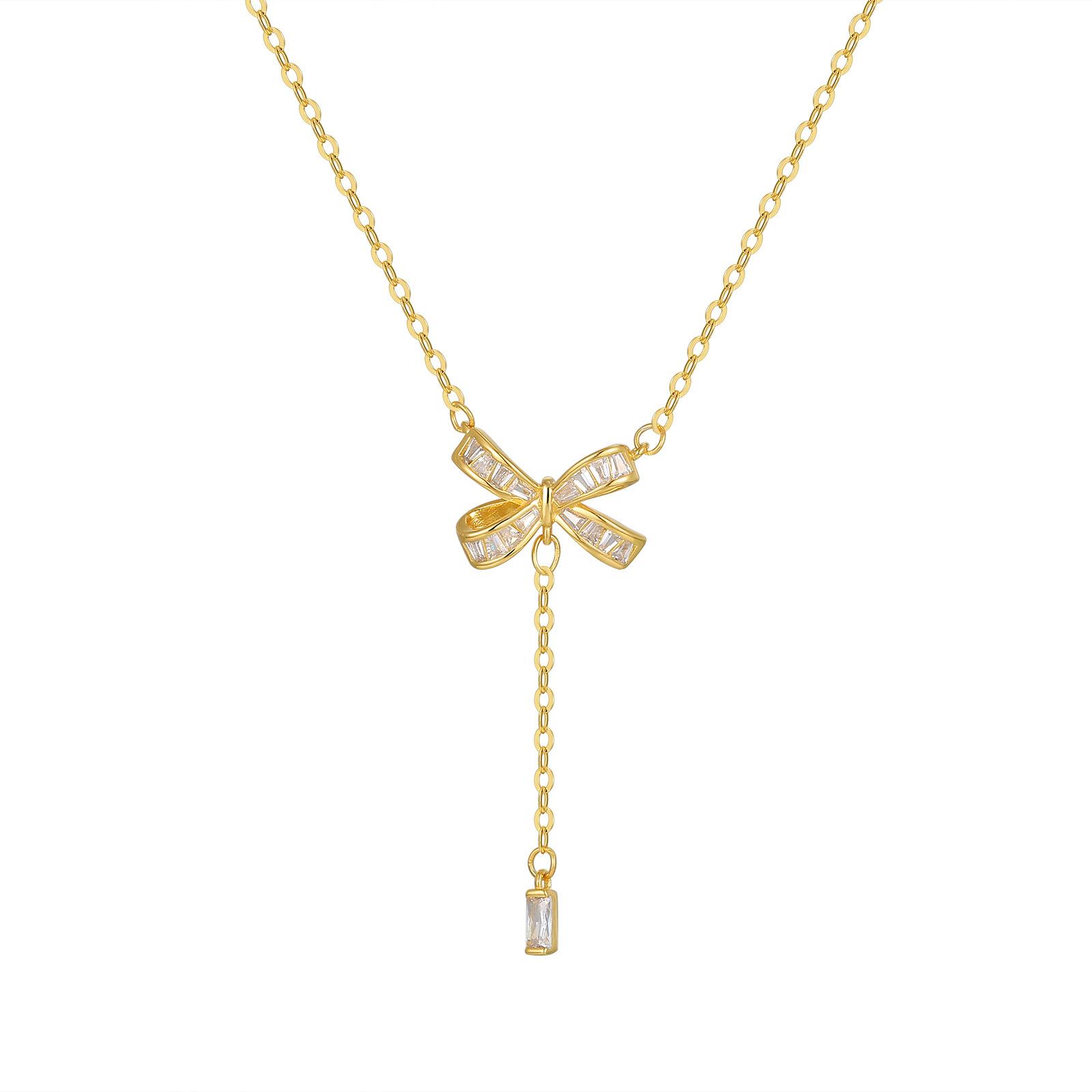 

S925 срібло, повне діамантове намисто з бантом, ніша, висококласний ланцюжок на ключиці з бахромою Ювелірні вироби Meilong 925 Silver золотий