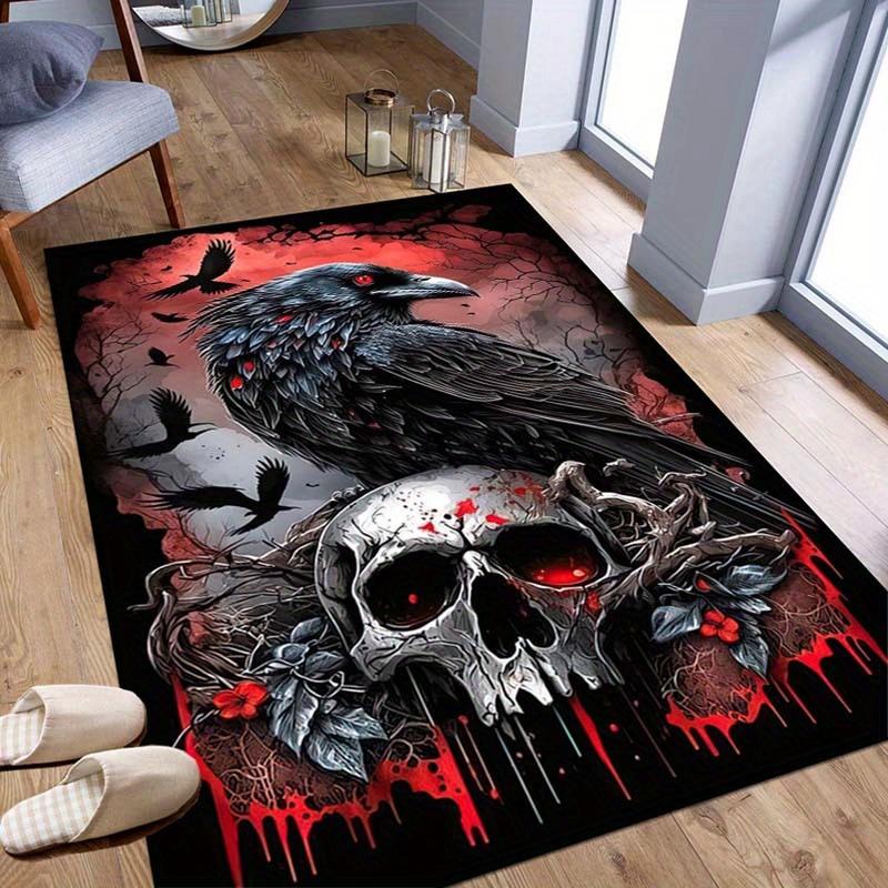 Gothic Crow Skull Rug Crystal Velvet Black Red Blood Drip Macabre Decor Kitchen Bathroom