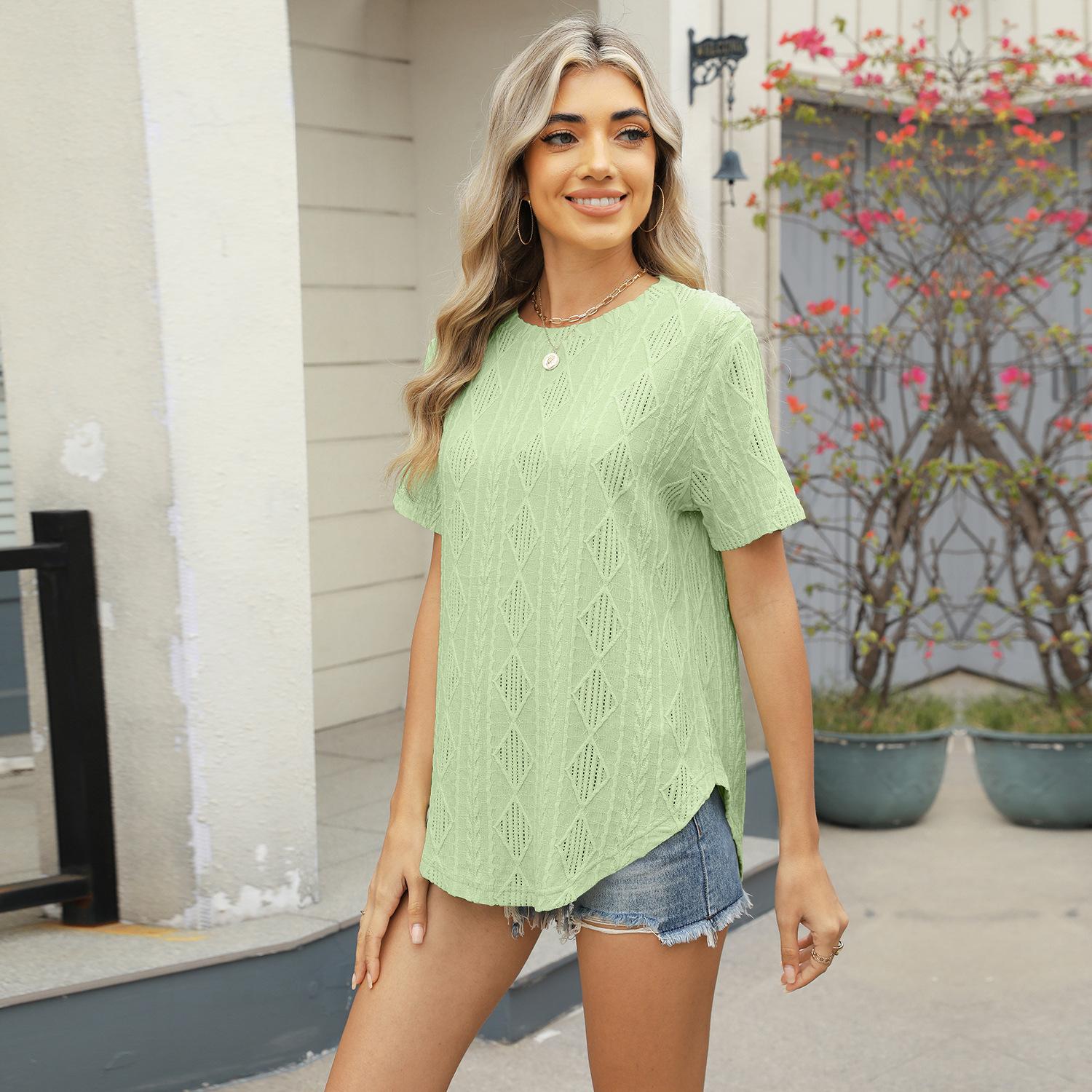 

New round neck back button jacquard short sleeve t-shirt tops women S белый