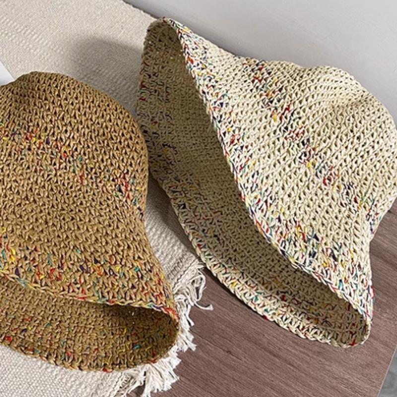 Elegant Straw Hat Bucket Hat Handwoven Breathable Crocheted Hat Holiday Vacation Hat Western Wide Brimmed