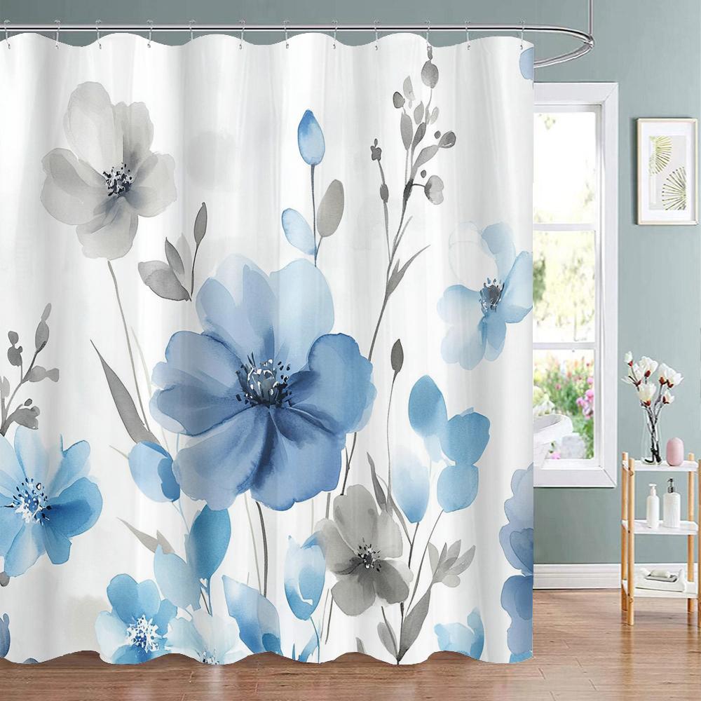 Modern Watercolor Blue Flowers Print Shower Curtain, Polyester Shower Curtain with Hooks for Bathroom Decorative Shower Curtain