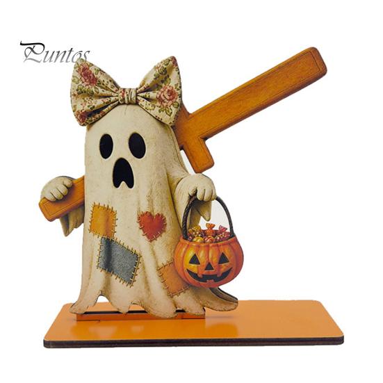 Festive Tabletop Ornament Halloween Wooden Paper Towel Holder, Cute Patchwork Ghost Napkin Stand, Party Supplies Rustic Roll Dispenser for Kitchen