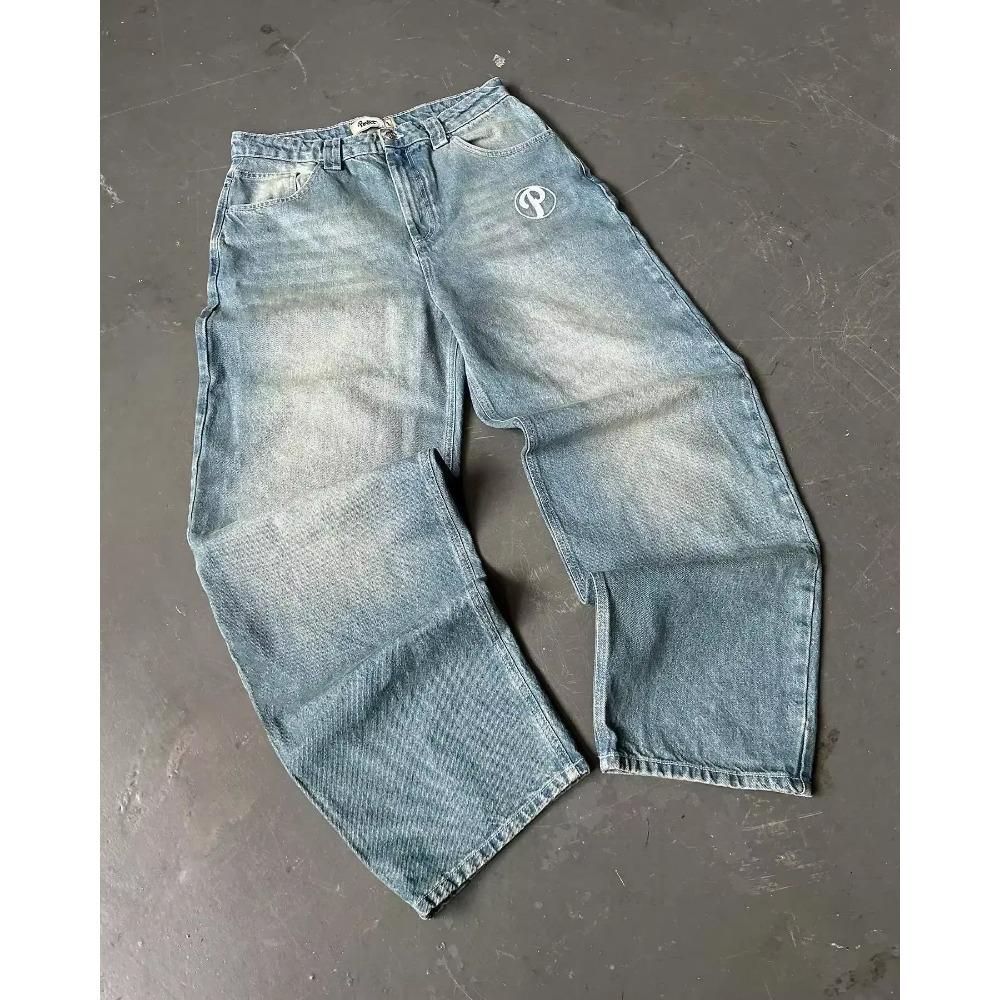 Streetwear Y2K Hip Hop Retro Blue Loose Jeans Harajuku Jeans Men's Pants High Waist Loose Letter Embroidered Trousers