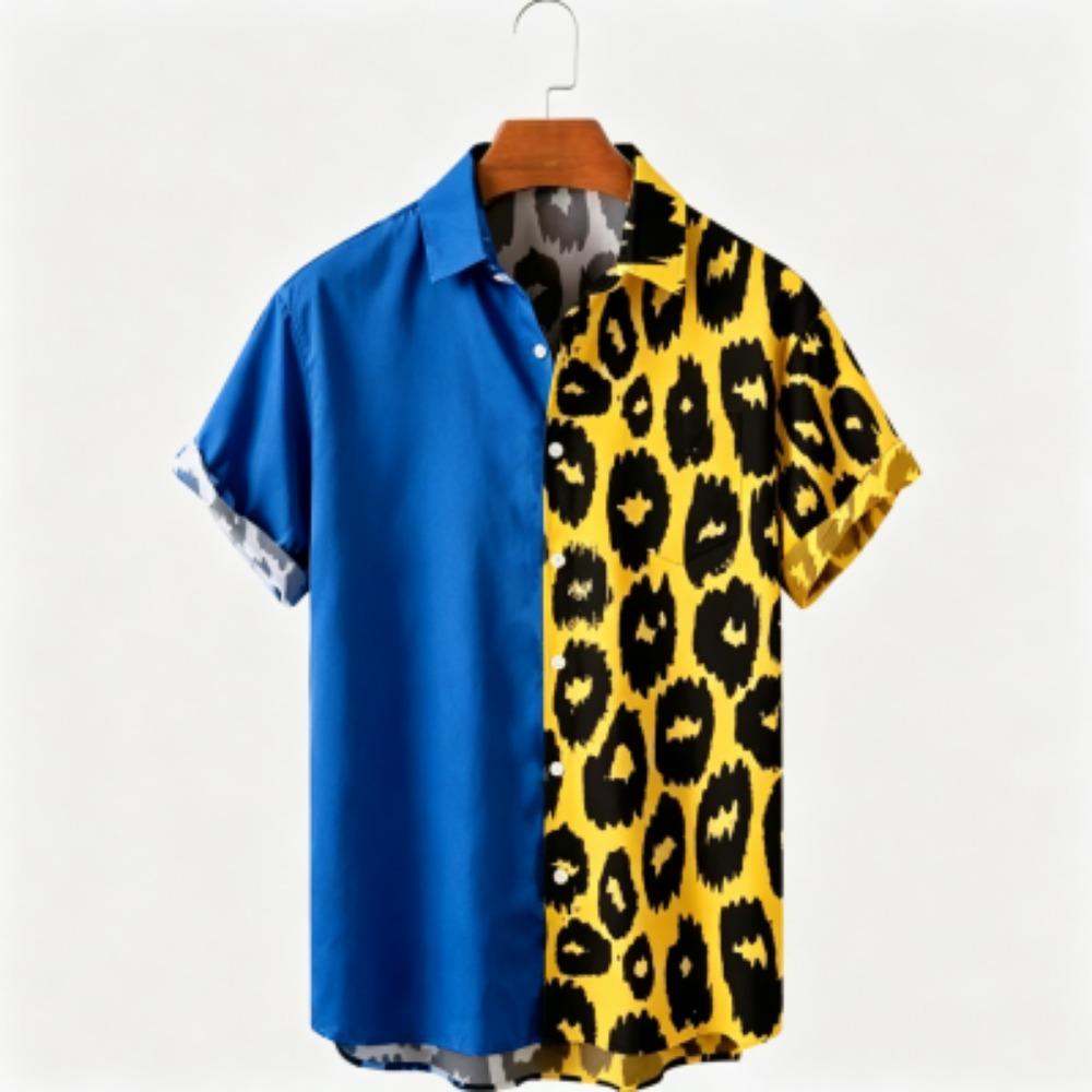Camicia Estiva Bicolore con Stampa Leopardo Abbigliamento da Vacanza Hawaiana Moda Maschile Camicia Stile Spiaggia Camicia Quotidiana da Uomo e Donna