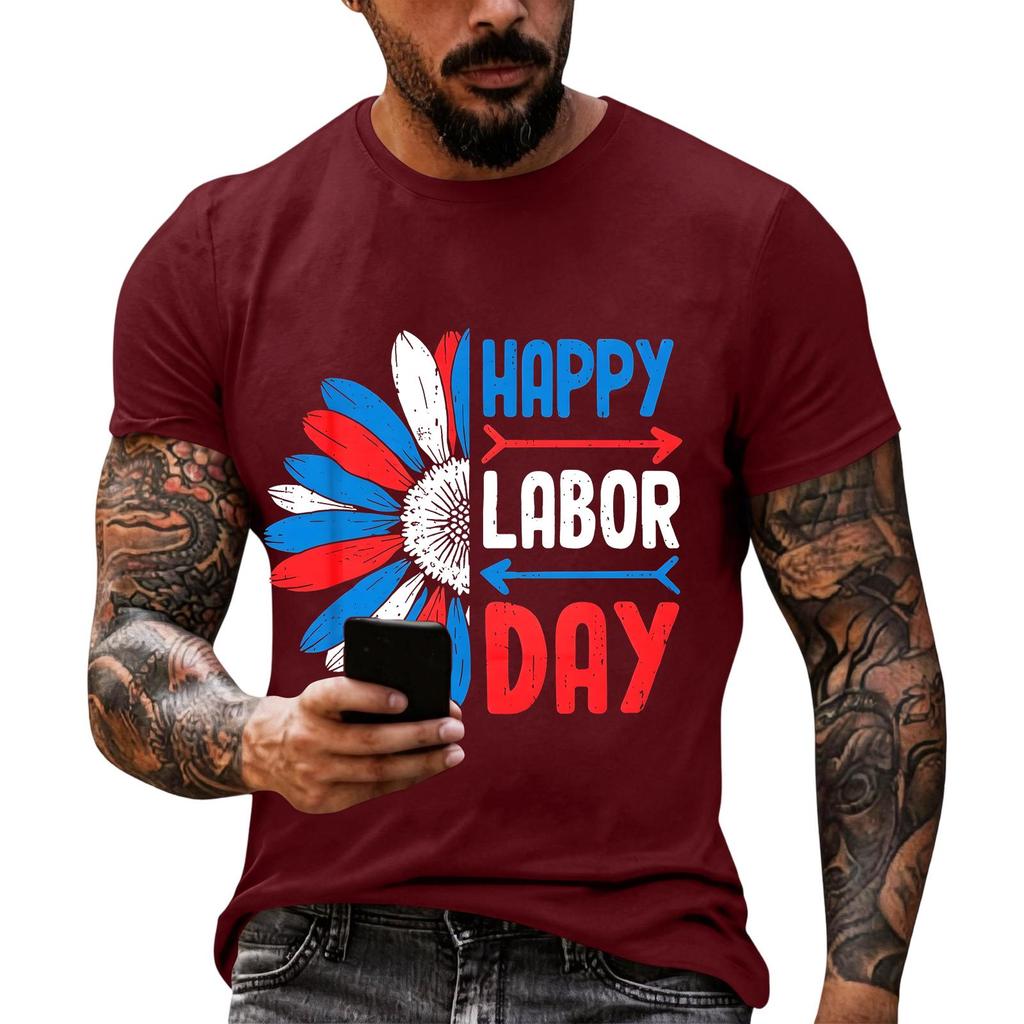 Men's Casual Loose Fit Short Sleeve T-Shirt Crew Neck Printed Graphic Tee for Labor Day Celebration Comfortable Everyday Wear