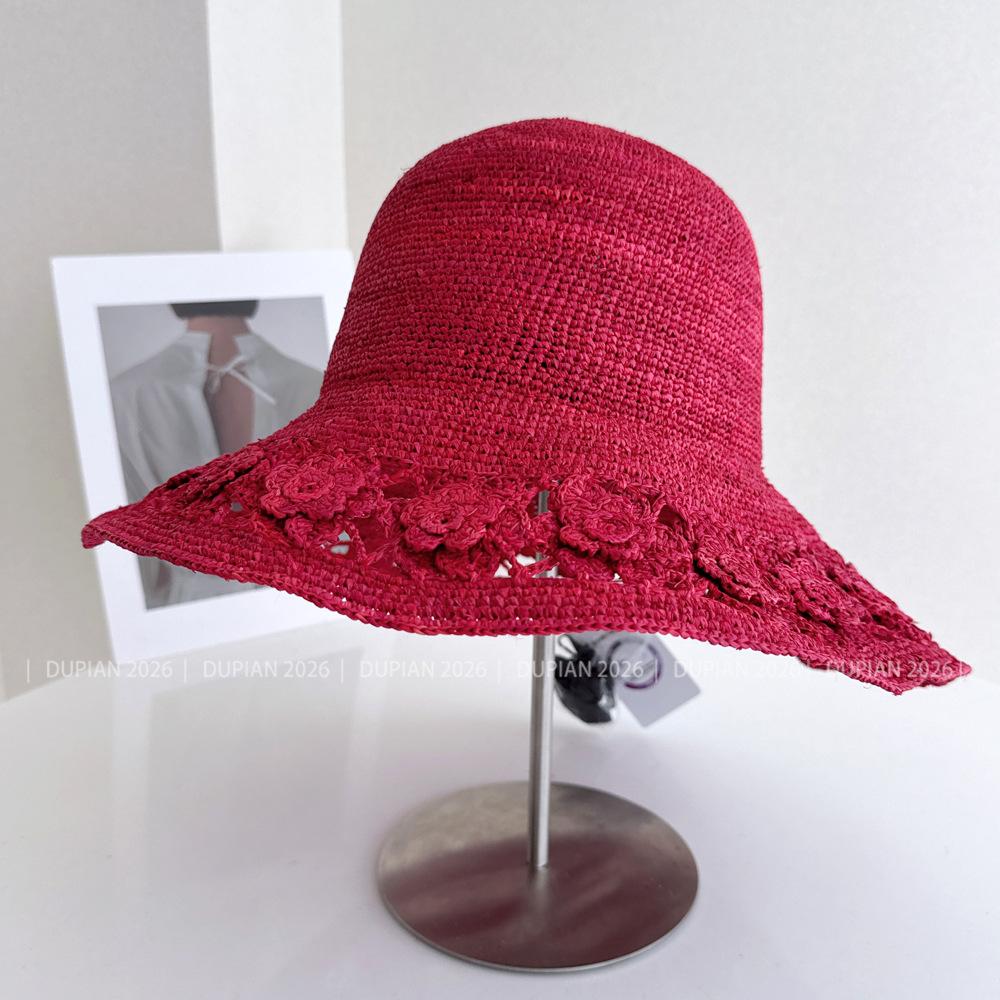 Summer Raffia Straw Sun Hat for Women Wide Brim Floral Crochet Beach Hat 100% Natural Staw Bucket Hats