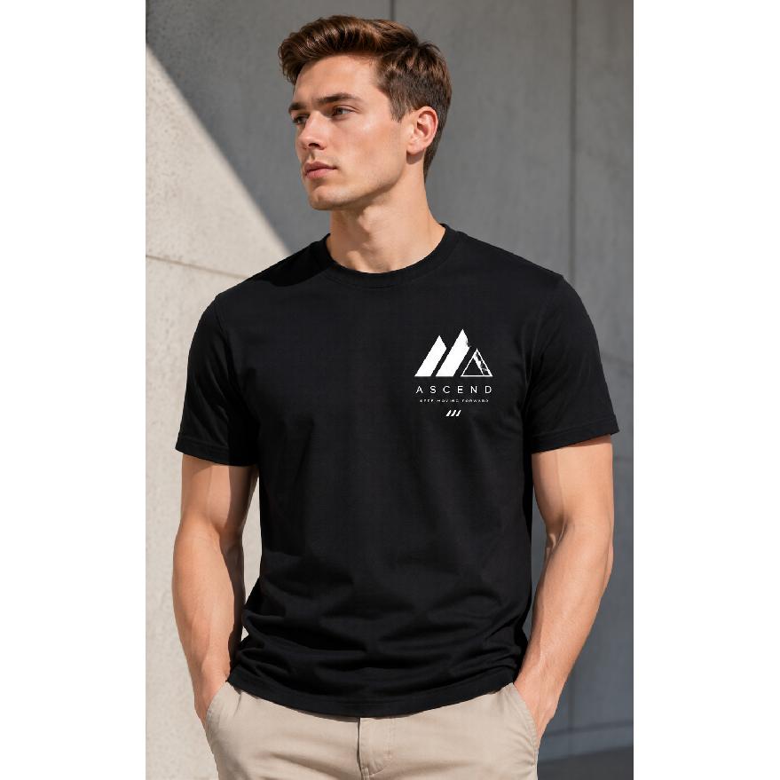 men's black short sleeve t-shirt with mountain graphic print, crew neck, soft cotton blend, relaxed fit, motivational quote design, casual daily wear