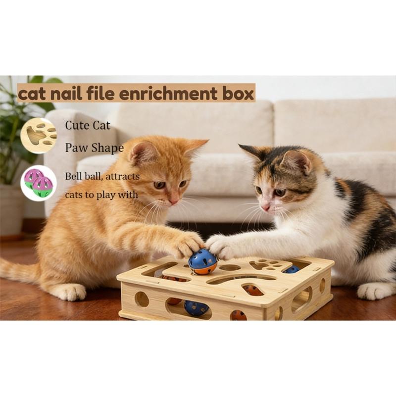 Stable Interactively Wooden Cats Scratching Toy Puzzle Mazes and Bells Ball for Engaging Playing and Natural Claws Care