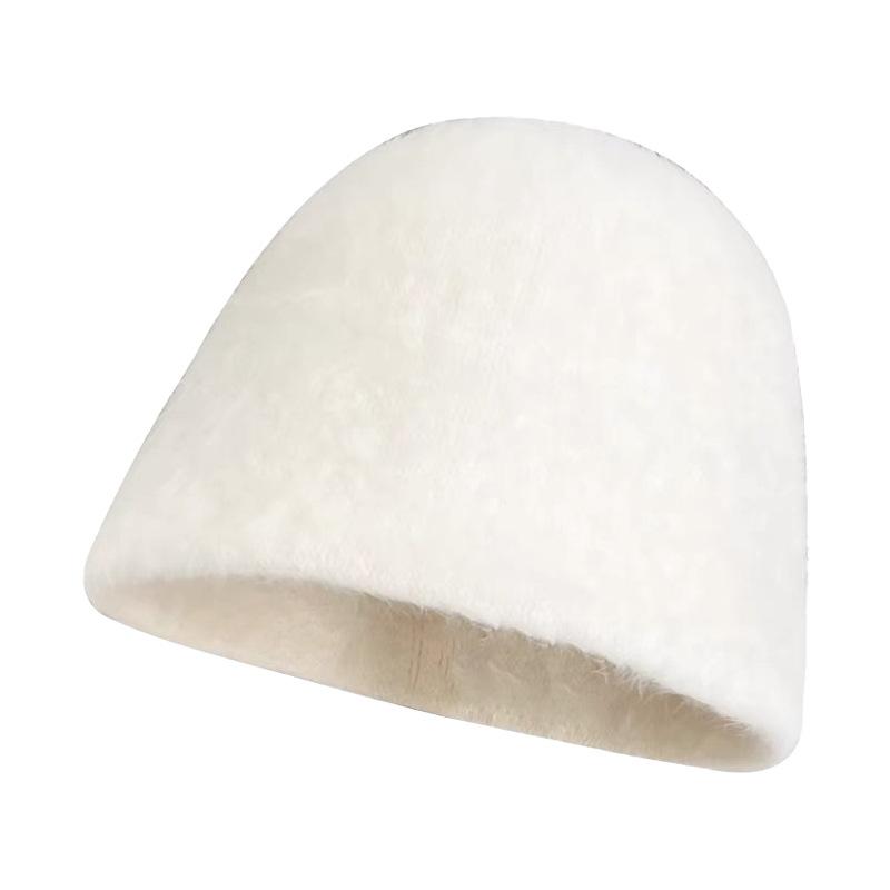 Simple white plush bucket hat women's autumn and winter face small knitted hat warm big head circumference basin hat tide