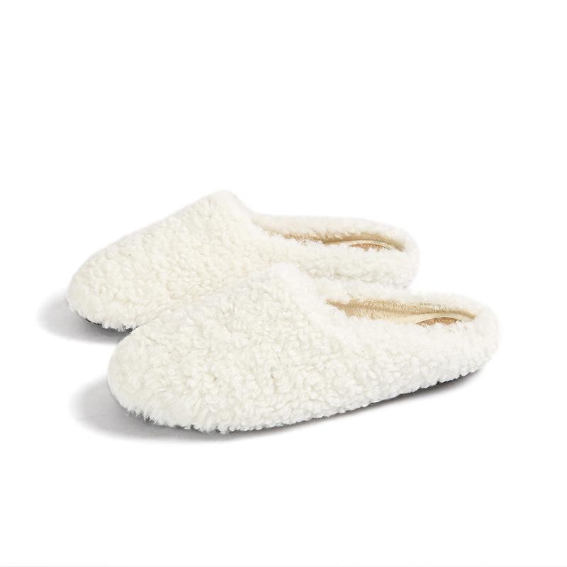 Fashion Women's Lambswool Slippers, Sheepskin and Fur Shoes, Women's Flat Cotton Slippers, Slip-on Mules, Plus Size 43, Winter