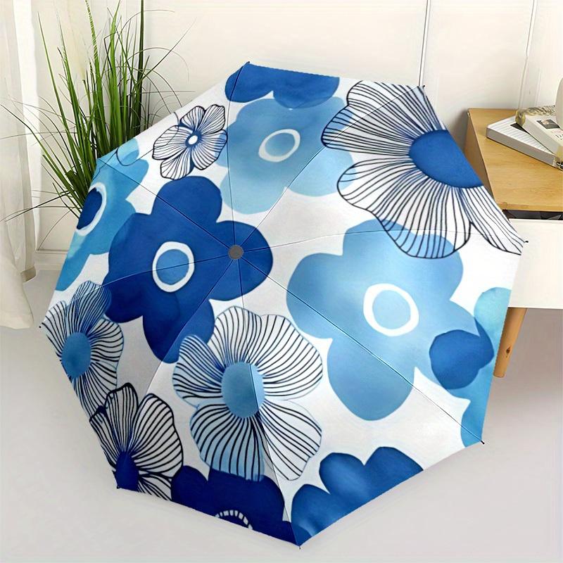1pc Blue Floral Pattern Automatic Umbrella - 8-Rib Foldable Design, Outdoor Adventures, and Family Celebrations Yy250829094