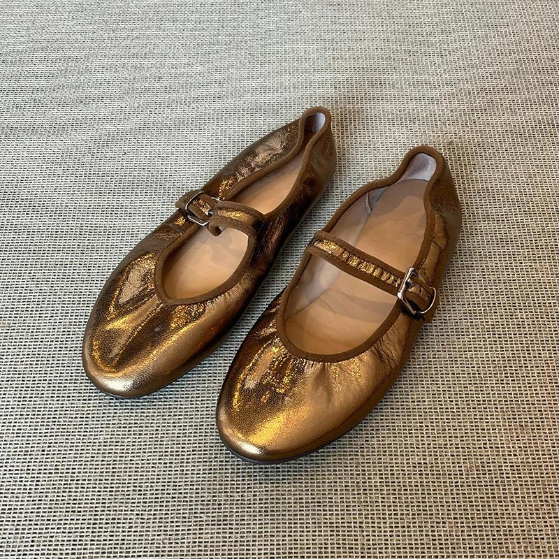 Schafslederversion~ Nische Retro Gold Wort Gürtel Mary Jane Einzelschuhe Damen Flachmund Flachsohlenschuhe Ballerinas Damen