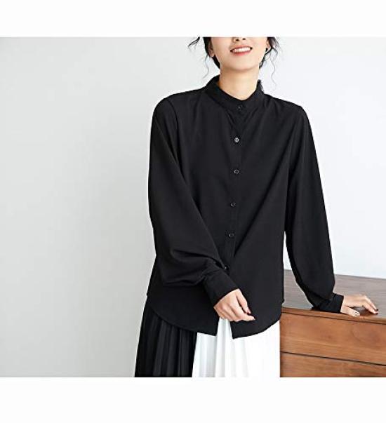 Lopuks Volume Sleeve Shirt Long Women's Blouse, Sleeve, Figure-Flattering (Black, L)