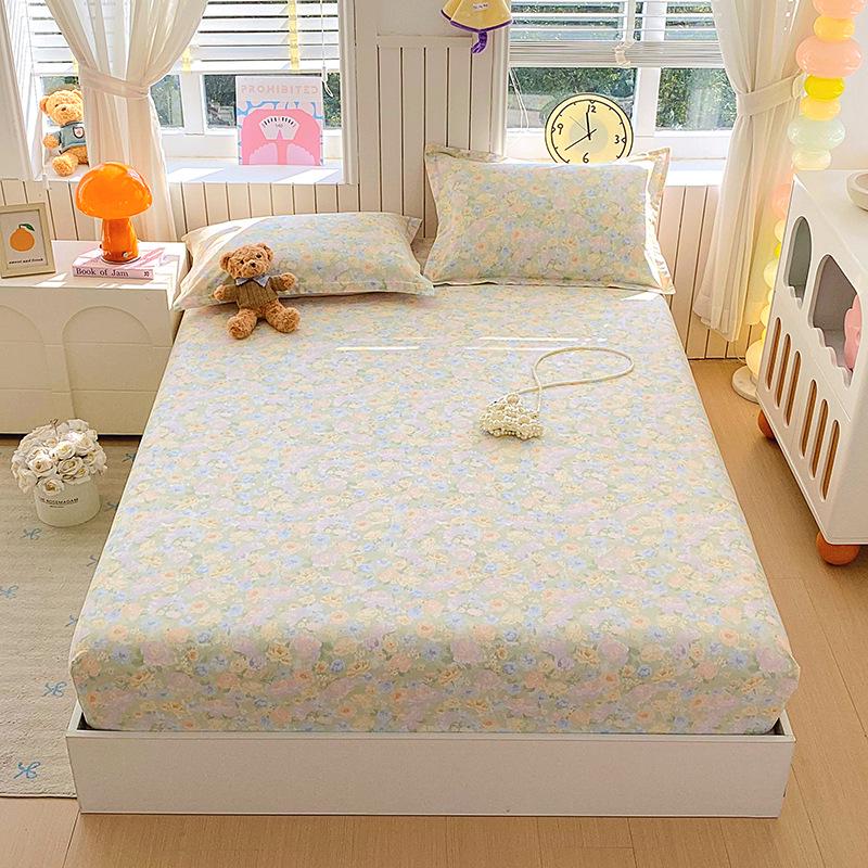 Pure Cotton Printed Single Bed Sheet Set - Fitted Sheet, Protective Cover, Pad Cover (3 Pieces)