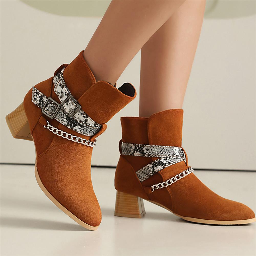 Fashion Autumn Winter Vintage Boots Fashion Metal Chain Chunky Heel Boots Punk Walking Ridding Boots Women Western Cowboy Cossacks Botas