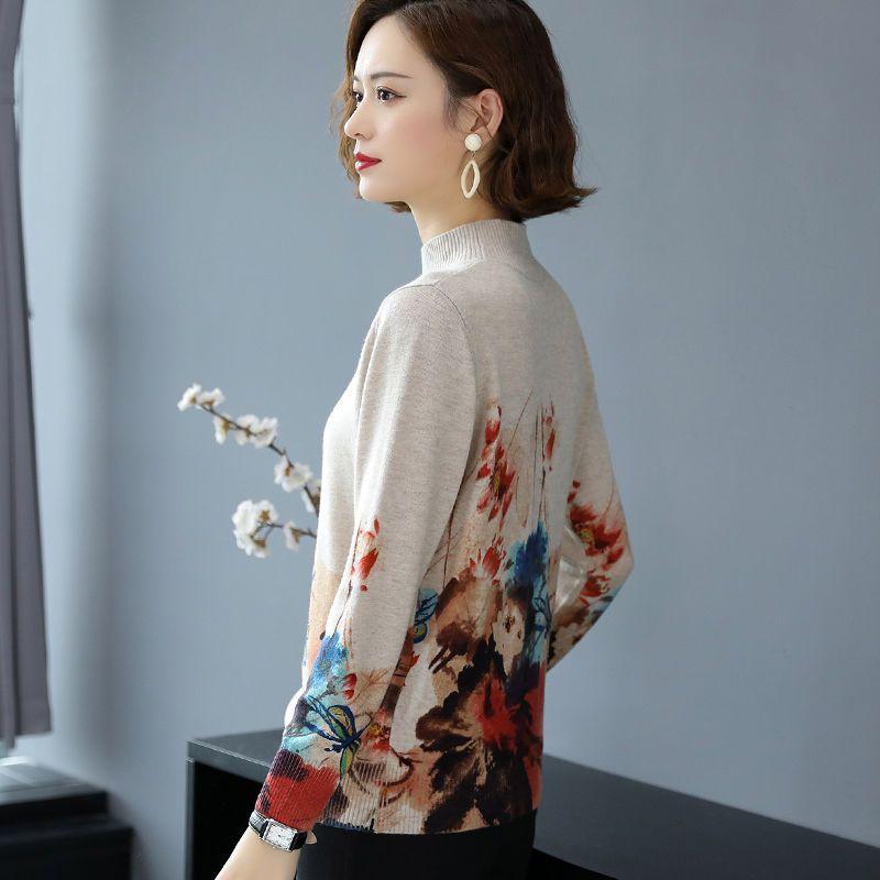 Hřejivý vlněný svetr pro ženy středního věku, podzimní zimní top s polopropínacím límcem