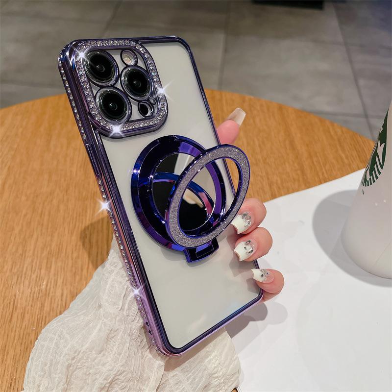 Applicable To iPhone17ProMax Electroplated Rhinestone Mobile Phone Case Apple 16Pro Mirror 15 Magnetic Suction Bracket 14 Sets